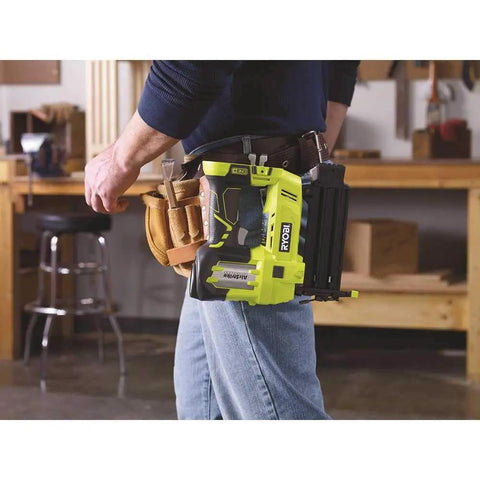 Person holding Airstrike 18V Cordless Brad Nailer P320 One Plus Lithium Powered, tool only, no compressor needed, in workshop