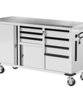 62 Inch By 20 Inch Rolling Tool Chest With 7 Drawers And 2 Doors, Stainless Countertop, Locking System, Heavy Duty Storage Cabinet For Garage, Shop, Or Kitchen, 1000 Lb Capacity side view on casters