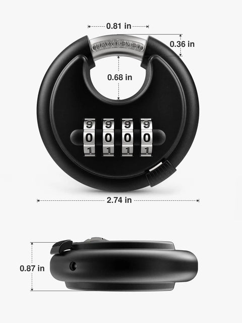 Top view and side view of 4 Digit Keyless Combination Lock Tough As Nails Padlock with Hardened Steel Shackle in black weatherproof design