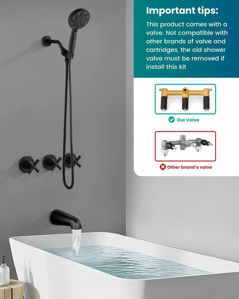 Slick Three Handle Tub Shower Faucet Set With Six Mode Handheld Sprayer And Matte Black Finish Straight Up Reliable Bathroom Renovation Kit With Built In Valve Included Top Tier Plumbing Upgrade