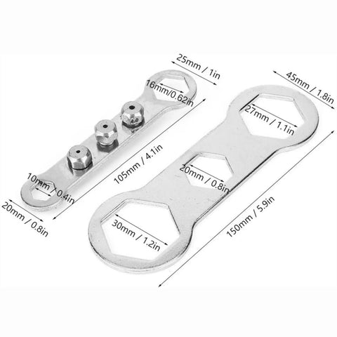 Cordless Rivet Gun Adapter Kit Converts Drill To Rivet Nut Tool wrenches with measurements display, silver, 1/4 inch hex shank
