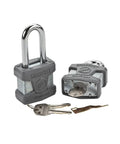 SmartKey Padlock With 50mm Standard Shackle Satin Chrome Rekey In A Snap Works With Your House Key shown with keys