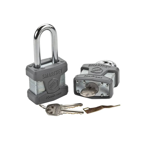 SmartKey Padlock With 50mm Standard Shackle Satin Chrome Rekey In A Snap Works With Your House Key shown with keys
