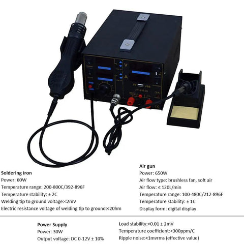 ProGrade 3 In 1 Electronics Rework Station With Smart PID Soldering Iron And Hot Air Gun, detailed control panel and tools shown.