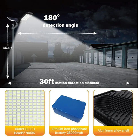 600W Solar Flood Light Mega Bright For Outdoors with 30000 Lumens illuminating parking lot, showing detection angle and distance