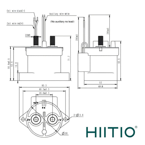 Technical drawing of Heavy Duty 1000VDC 150A DC Contactor Relay, showing dimensions and wiring details for EV and solar use.