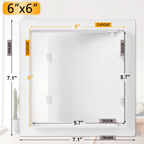 Heavy Grade 6X6 Inch Drywall Access Panel With Concealed Hinge System dimensions showing cutout and frame measurements.