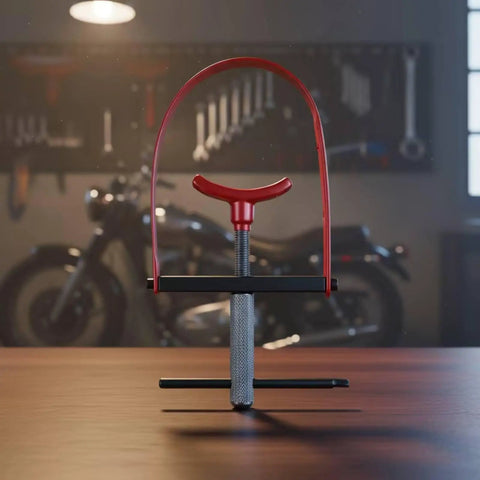 Professional Grade Premium Steel Motorcycle Clutch Spring Compressor Tool Kit with red handle and silver grip on wooden table.