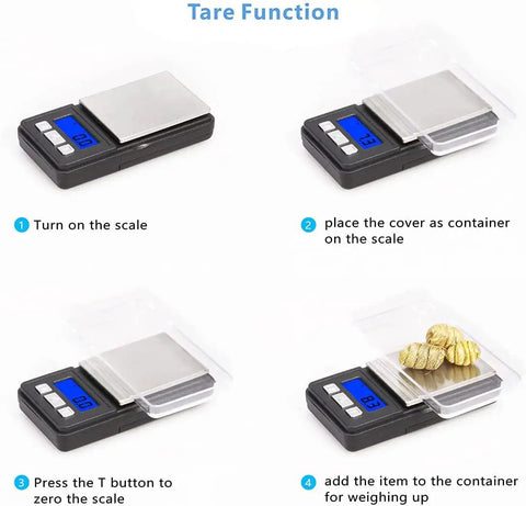 Ultra Mini Pocket Scale 1000G Capacity With 0.1G Increments showing tare function steps with LCD and tray for jewelry and coffee
