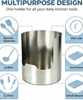 Heavy Duty Stainless Steel Kitchen Utensil Holder And Countertop Caddy Game Changer that shows utensils like ladles and spatulas in a sleek design.