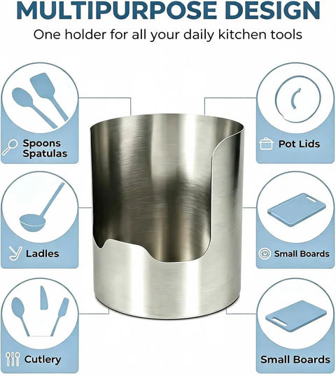 Heavy Duty Stainless Steel Kitchen Utensil Holder And Countertop Caddy Game Changer that shows utensils like ladles and spatulas in a sleek design.