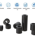 Black ABS Round Spacer Kit For M5 Screws, 200Pcs, 12 Heights From 0.11 Inch To 0.98 Inch, ID 5.4mm, OD 9mm, shown in front view
