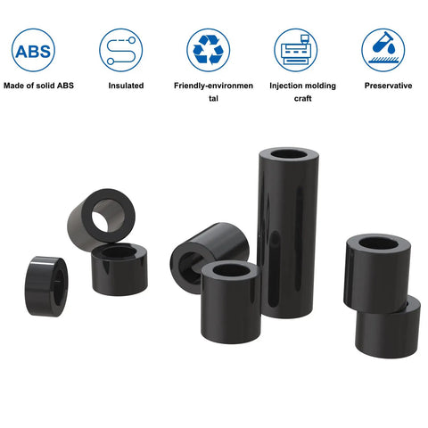 Black ABS Round Spacer Kit For M5 Screws, 200Pcs, 12 Heights From 0.11 Inch To 0.98 Inch, ID 5.4mm, OD 9mm, shown in front view