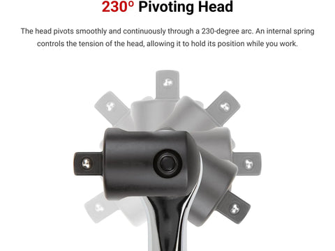 230-degree pivoting head of 40 Inch Breaker Bar With Three Quarters Inch Drive Pivoting Head Swivels Through 230 Degrees Internal Spring Locks