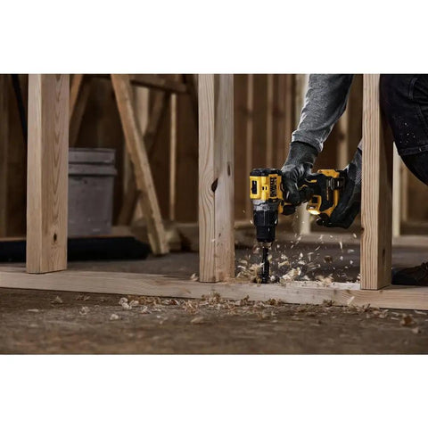 Compact 1/2 Inch Cordless Hammer Drill With Brushless Motor 2 Speed Settings in action on wooden construction project