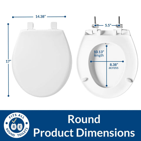 Commercial Heavy Duty Closed Front Toilet Seat With Cover No Slam Secure Stay-Tite Installation Industrial Grade White Round Seat dimensions shown