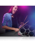 Person playing Portable Electronic Drum Kit With 7 Drum Pads, Hi Hat And Kick Bass Pedal, USB AUX, Desktop Tabletop Drum Set