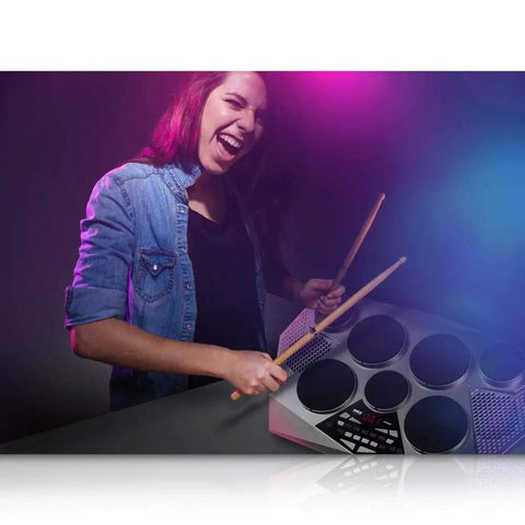 Person playing Portable Electronic Drum Kit With 7 Drum Pads, Hi Hat And Kick Bass Pedal, USB AUX, Desktop Tabletop Drum Set