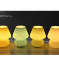 Yellow Glass Mushroom Bedside Lamp With Vintage Murano Stripe Compact Nightstand Desklamp For Cozy Home Decor Bedroom Living Room Gift Idea Warm White LED Glow, showing hand-blown striped glass with warm white light