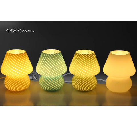 Four Mushroom Glass Nightstand Lamp With Vintage Murano Style Swirl Translucent Matte White Bedside Desk Light in cozy glow