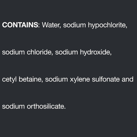 Cleaning product ingredient list: water, sodium hypochlorite, sodium chloride, cetyl betaine, sodium xylene sulfonate.