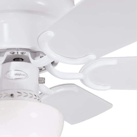 Close-up of white blades on Petite Indoor Ceiling Fan With Light 30 Inch White For Small Rooms Up To 100 Sq Ft with opal glass.