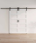 Solid Wood Paneled Double Sliding Barn Door System With Hardware Kit Set Includes Two Forty Inch Doors for a stylish room divider.