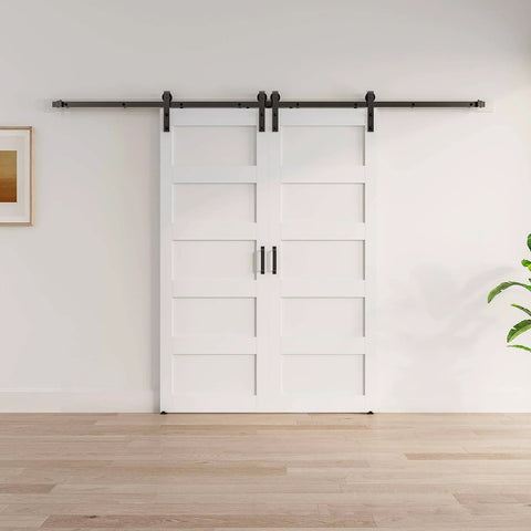 Solid Wood Paneled Double Sliding Barn Door System With Hardware Kit Set Includes Two Forty Inch Doors for a stylish room divider.