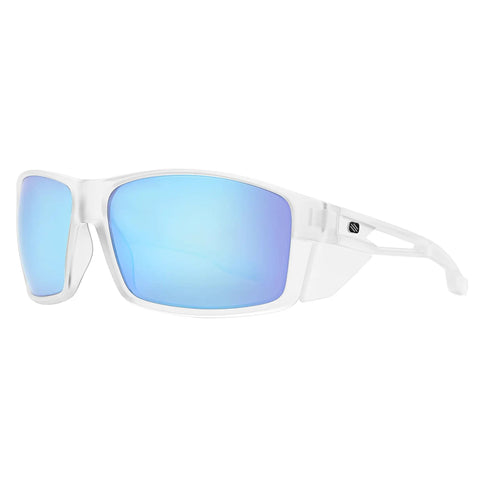 Kickin Up Dust With These Slick Z87 Rated Safety Sunglasses Featuring Polarized Anti Glare Lenses UV400 Protection Hella Comfortable Wraparound Fit For Driving Riding And Outdoor Work In Matte Clear Blue Mirror, side view.