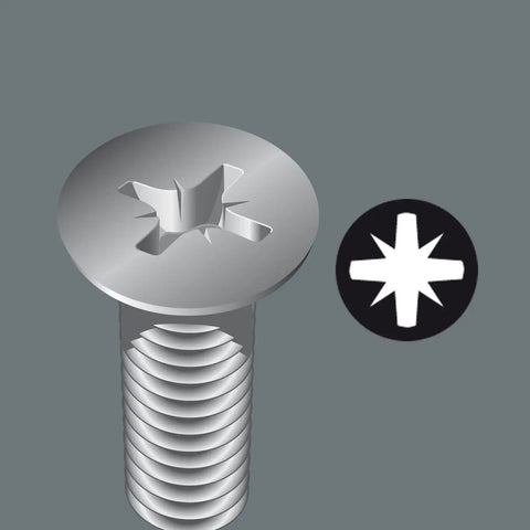 Pozidriv Mini-Check PZ Sheet Metal Bit Set With Universal Bit Holder, close-up of Pozidriv screw head and star bit icon.