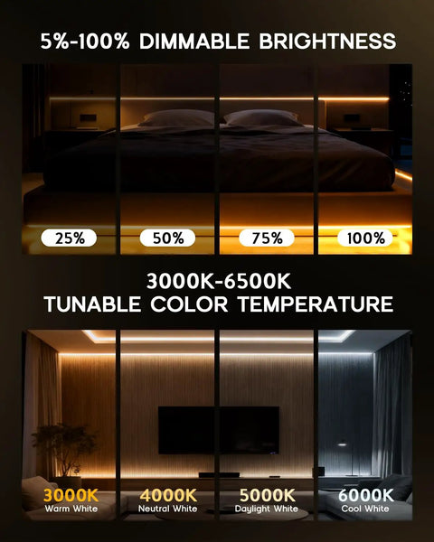 32.8Ft LED Strip Lights 110 To 120V Dope Dimmable Silicone Neon Rope Lights showing brightness and color temperature settings