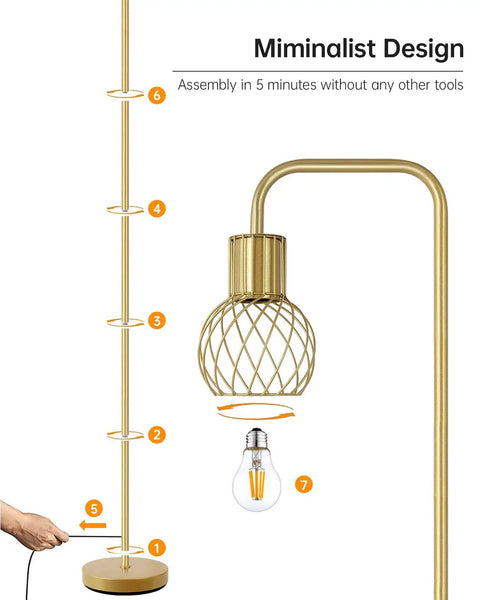 Brass Gold Standing Floor Lamp With 6W LED Bulb Foot Switch Tall Metal Stand Modern Industrial Minimalist Farmhouse Boho Style parts