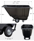 Heavy Duty Tilt Dump Truck Trash Cart With 450 LB Capacity And 1/2 Cubic Yard Steel Tub displayed with dimensions and 10 inch wheels.