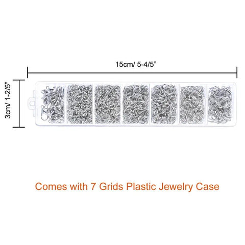 1500 Piece Silver Jump Ring Set With Lobster Clasps And Jewelry Pliers For DIY Jewelry Making Supplies Findings And Necklace Repair Beading Kit For Crafters, shown in 7-grid plastic case.