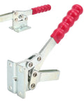 GH-203-P Vertical Handle Clamp With 499.4 Lbs Clamping Force For Carpentry And Welding, Beefy Weld Clamp For Fittings And Test Runs, Delivers Secure Grip And Stable Hold. Vertical metal toggle clamp with red handle, side view
