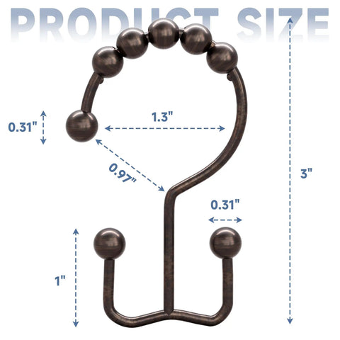 Rust Resistant Double Glide Shower Curtain Hooks Set Of 12 In Bronze Finish with size dimensions shown