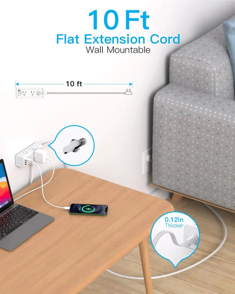 Ultra Flat 10 Ft Extension Cord With Multiple Outlets, Slick Right Angle Plug Power Strip For Home Office Dorm And Behind Furniture, Low Profile Wall Plug Cord Organizer, 10 ft flat white cord