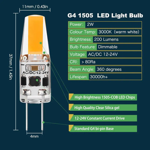 Low Voltage LED Bulb 2W Warm White 3000K For AC DC 12V 24V JC Type Bi Pin G4 Base Dimmable Bright As 20W Halogen Energy Saving