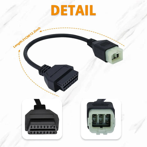 Royal Enfield OBD2 Diagnostic Adapter 6 Pin To 16 Pin Cable detail showing connectors and length for Interceptor 650