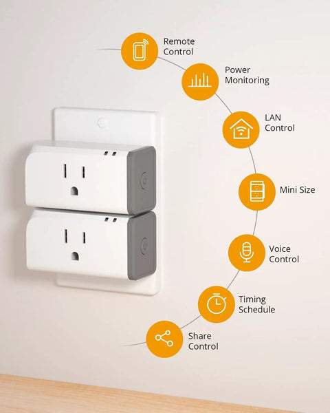 WiFi Smart Plug With Energy Monitoring, 15A Outlet plugged into wall with remote control and power monitoring features shown