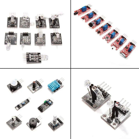 Close-up of 37 In 1 Sensor Module Starter Kit for Arduino and Microcontrollers, showing various sensor boards and components.