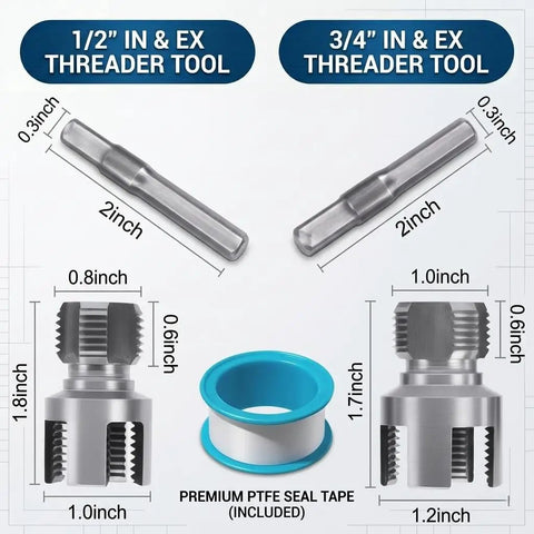 4 In 1 PVC Pipe Threader Kit For One Half And Three Quarter Inch Pipes Internal And External Threading Drill Compatible Easy No Fuss DIY Plumbing Tool For Plastic Pipes with included PTFE seal tape