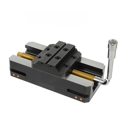 Ten Inch Self Centering Vise Heavy Duty Workholding Clamps For Cnc Milling Machines Five Axis Job Ready Bench Tool For Round Pipe view from the side showing dual lead screw design.
