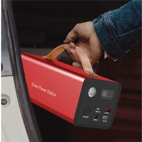 Beast Mode Hella Reliable Portable Power Generator And Charging Station For Outdoor Camping Emergency Backup Battery, compact size, red design, being held.