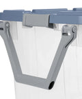 Close-up of easy grip handle on clear heavy duty plastic container from Pair Of Two 160 Quart Wheeled Stackable Storage Totes.