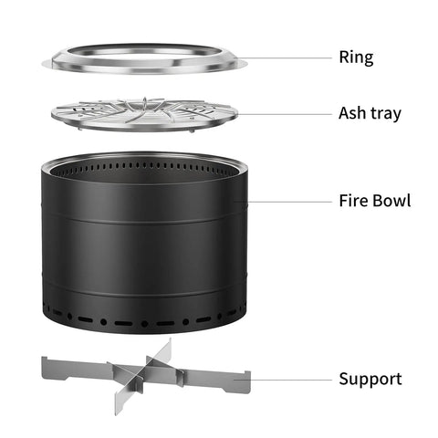 Diagram of 19.5 Inch Smokeless Fire Pit With Carry Bag, Stainless Steel Outdoor Wood Burning Bonfire Pit For Camping And Backyard, Low Smoke Design showcasing components: ring, ash tray, fire bowl, support.