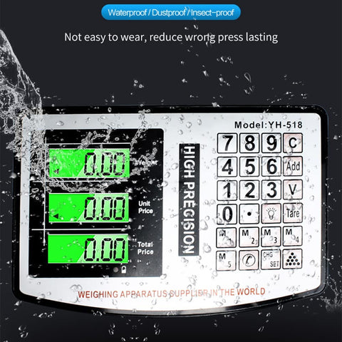 Heavy Duty Digital Floor Scale With Rock Solid Platform Dead Nuts Accurate Readings Up To Eight Hundred Eighty Pounds Fold Away Design Plug And Play LCD Screen for Shipping Luggage or Local Biz Use, showing waterproof interface.
