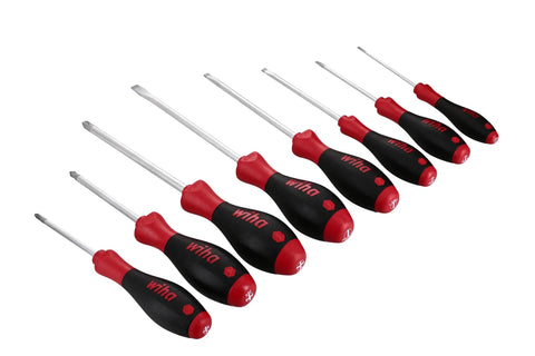 8-Piece Slotted And Phillips Screwdriver Set With Soft Grip Handles, Pro Grade Chrome Moly Steel Blades, arranged in row