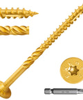 Heavy Duty Structural Lag Screws One Quarter X Four Inch Carbon Steel Wood Fasteners With Built Like A Tank Durability and Rust Resistant Finish For Acq Treated Lumber And Projects That Go The Distance close-up view with T30 bit.