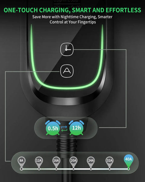 Digital display panel of Beefy Level 2 40A EV Charger for Tesla showcasing charging times and amp settings.